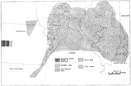 Coal swamp in Kentucky, Illinois, and east-central Missouri; low, positive area in Indiana, eastern Missouri, north-central Kansas; delta--mud in eastern Missouri.