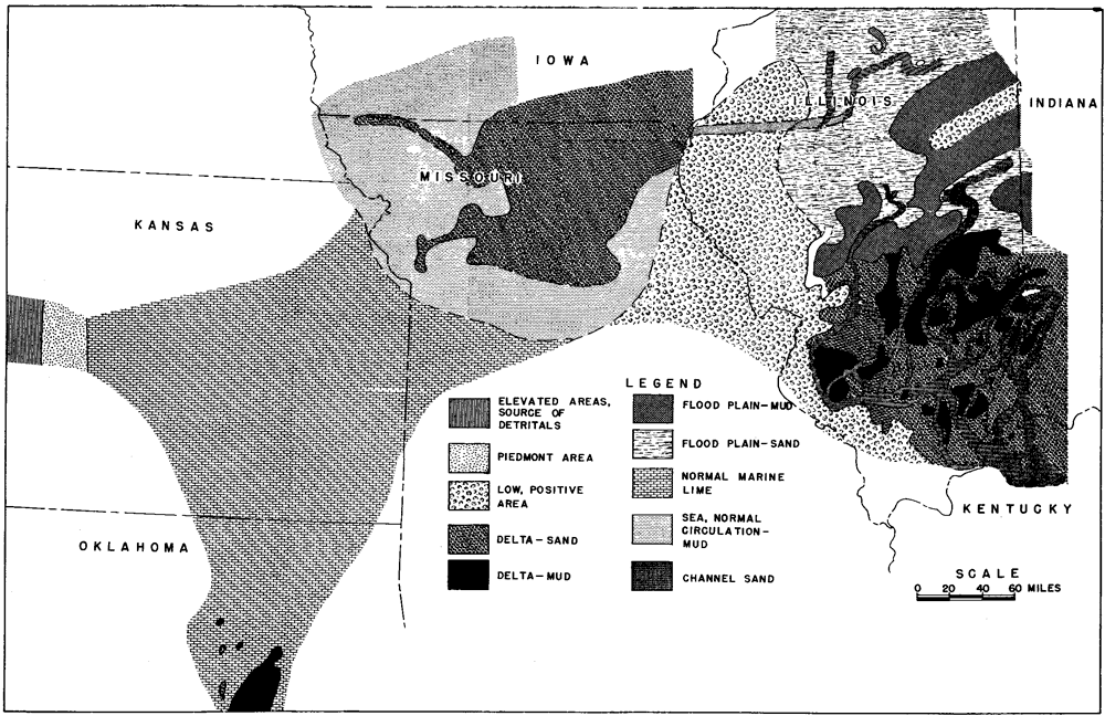 Normal marine lime in eastern Kansas; sea, normal circulation--mud in northern Missouri; delta sand in far north Missouri; low, positive area in eastern Missouri and western Illinois.