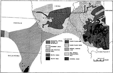 Normal marine lime in eastern Kansas; sea, normal circulation--mud in northern Missouri; delta sand in far north Missouri; low, positive area in eastern Missouri and western Illinois.