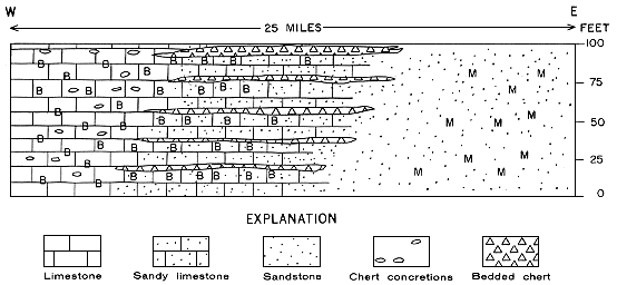 Cross section shows changes (west to east) from limestone (with brachiopods) changing to sandy limestone ending at molluscan sandstone