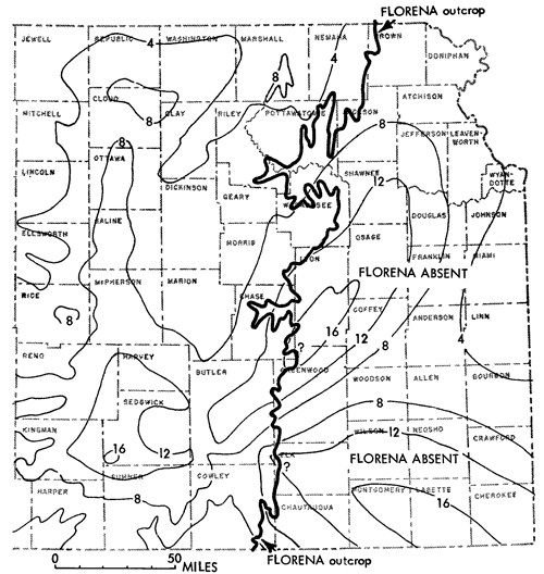 Thickness reaches max of 16 feet in southwest Sedgwick, where high is centered; extrapolation has ridges stretching from there northeast to Osage and southeast towards Arkansas.