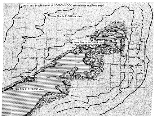 Map shows Kansas in early Stearns time with more and more land exposed and shoreline receding toward southwest.