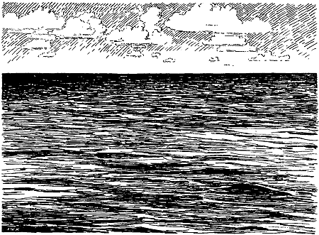Pen-and-ink drawing, ocean and clouds, no land seen.