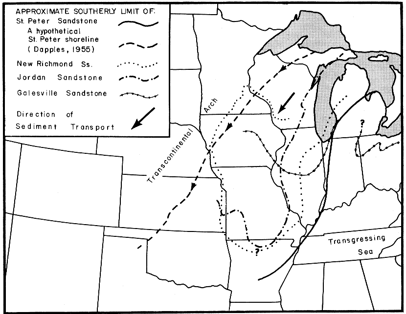 sediment tansport to southwest; Galesville reaches to central Illinois, new Richmond and Jordan to southern Missouri, St. Peter to Kentucky