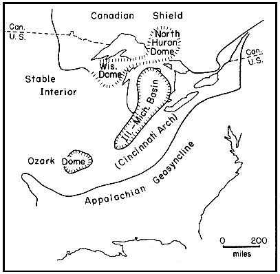 Wisconsin Dome and Horth Huron Dome cover area where UP of Michigan is now; to south is Illinois-Michigan basin; geosyncline stretches from Oklahome to Tennessee to New York to Maine