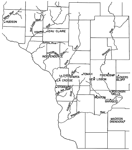sampling locations (named after nearby cities) and rivers in southwestern Wisconsin are labeled