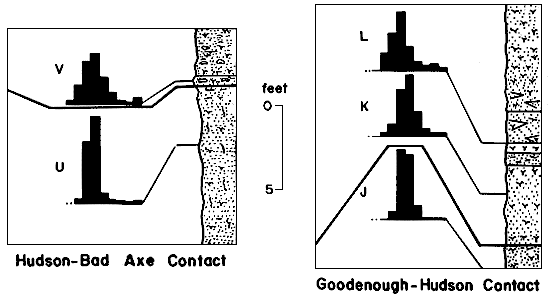 grain size histograms compared to sections for two contacts