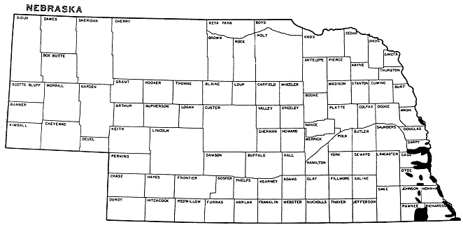 Index map of Nebaska.  Pensylvalian rocks outcrop in far southeast counties