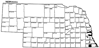 Index map of Nebaska.  Pensylvalian rocks outcrop in far southeast counties