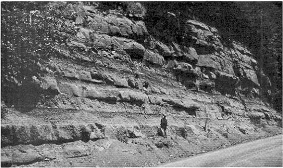 black and white photo of roadcut, entire cut 36-42 feet hight, man in forground for scale