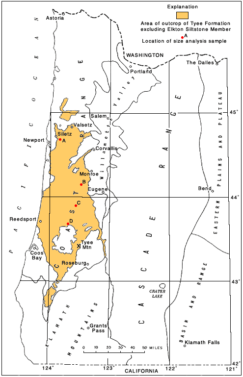 Tyee Fm covers central and south central Coastal Range.  Four sample locations shown stretching from Siletz in the north to north east of Tyee Mountain.