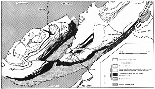 black and white geologic map; Paleozoic and older rocks surround Newark Group Triassic rocks; Newark made up of Stokton Fm, Lockatong argillite, Brunswick Shale, and diabase/basalt in center of NE-trending oval outcrop