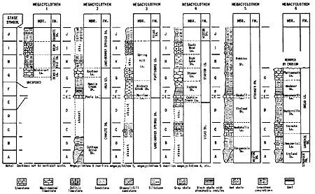 10 stages (A-J) are illustrated with sections from each megacyclothem