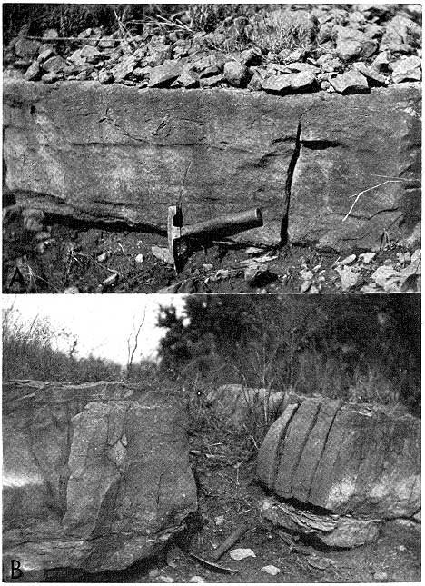 two photos; top photo show rock hammer and resistant limestone bed, one and a half feet thick; lower photo shows rock hammer ad more broken limestone bed, 2 feet thick