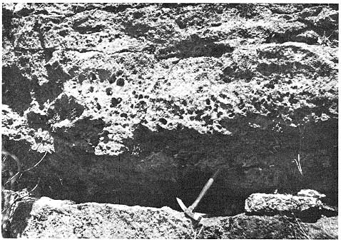 eroded, deeply pitted outcrop; rock hammer for scale