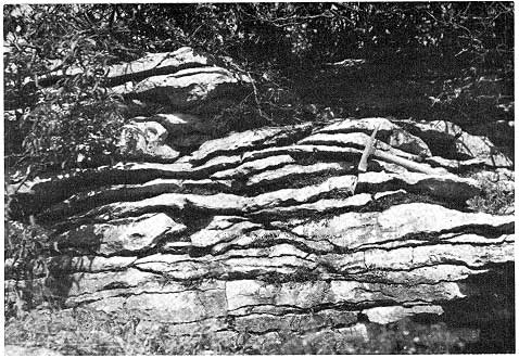 outcrop with rock hammer for scale, erosion occured along bedding