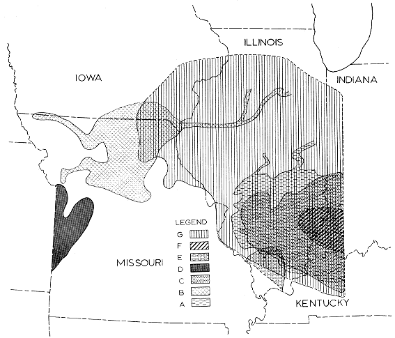 several wedges located in eastern Kentucky and Indiana; largest strech across Illinois; two located in Missouri