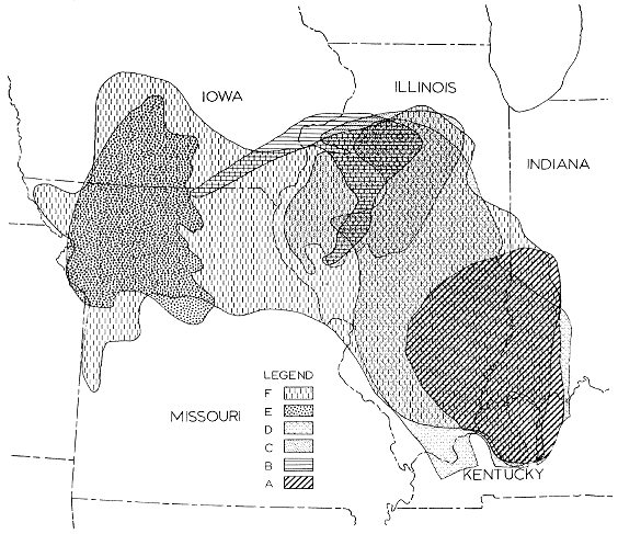 large concentration of wedges in cenral Illinois and Kentucky-Indiana-Illinois zone; another in northwest Missouri