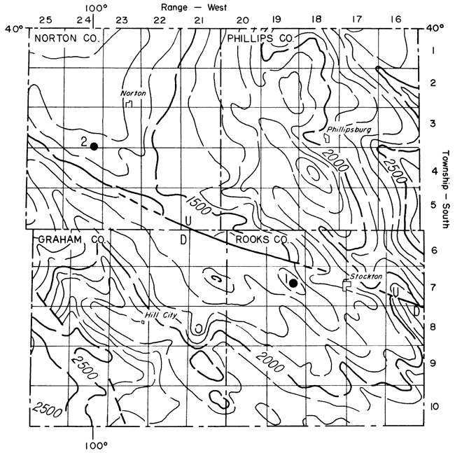 Holsman B 2 wells in west of Stockton in Rooks Co. on downthrown side of fault; Schoen 4 in southwest of Norton on upthron side.