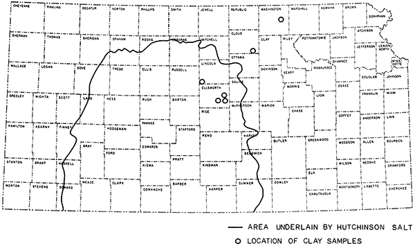 Area underlain by Hutchinson salt, and approximate location of clay samples used in laboratory investigation.