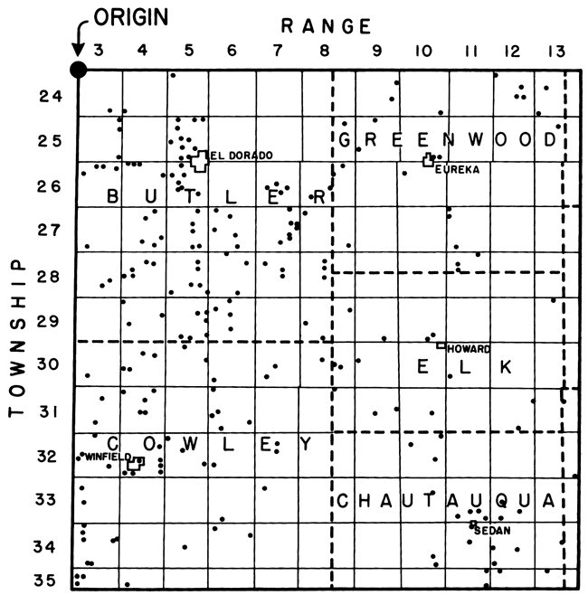 Butler, Greenwood, Elk, Chautauqua, and Cowley counties, southeast Kansas, showing oil wells used in study.