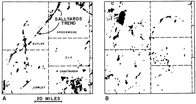 Butler, Greenwood, Elk, Chautauqua, and Cowley counties, southeast Kansas, shoing oil fields producing from sand lenses or structural traps.