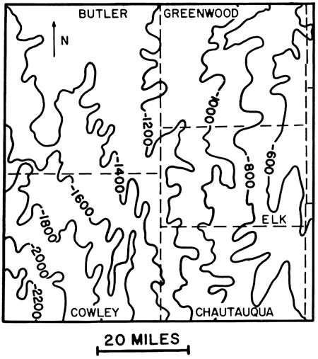 Contour map of Mississippian in SE Kansas; 600 feet in eastern Elk and Greenwood counties; 2200 feet to southwest in Cowley County.