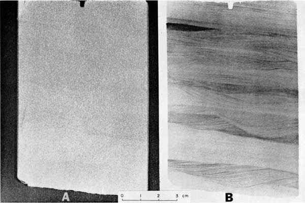 Black and white photo and radiograph, Berea Sandstone, showing large difference between visible light and x-ray image.