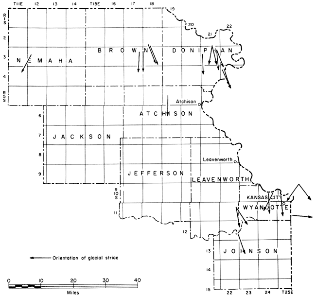 Direction arrows show general movement to south in several northeast counties, except for one in far eastern Wyandotte (Missouri?) pointing east.