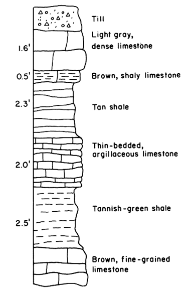 From top: Till; Light gray, dense limestone; Brown, shaly limestone; Tan shale; Thin-bedded, argillaceous limestone; Tannish-green shale; Brown, fine-grained limestone.