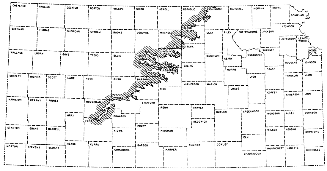 Map of Kansas showing outcrop of Graneros from Ford and Hodgeman counties in southwest to Republic and Washington in north-central Kansas.