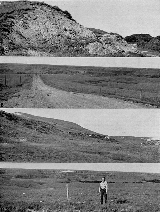 Four black and white photos; topographic expression of the Graneros Shale and adjacent formations.