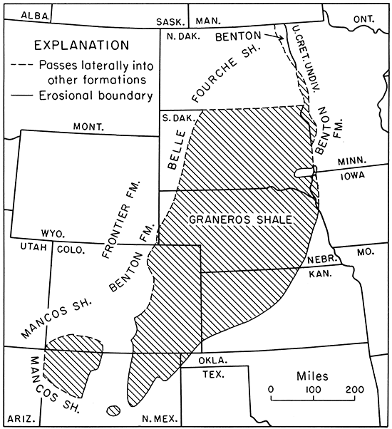 Map showing regional distribution of the Graneros Shale and nomenclature of laterally contiguous units