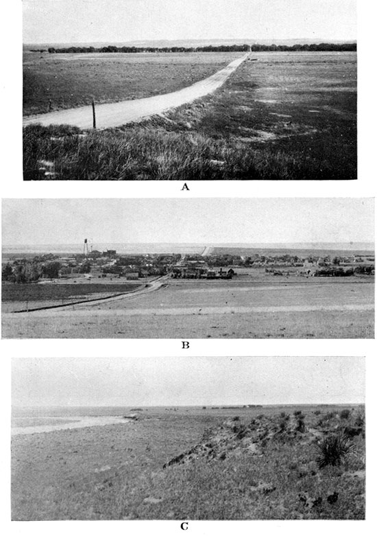 Three black and white photos; top and bottom are of south fork of Smoky Hill river, middle is Sharon Springs.