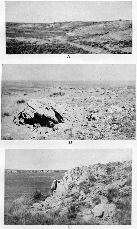 Three black and white photos; top is of change of dip in Niobrara chalk; middle is cliff of Ogallala coarse sandstone; bottom us coarse sandstone of Ogallala in erect position.