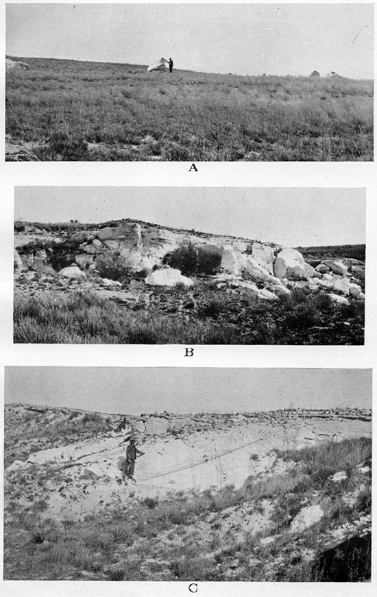 Three black and white photos of Diatomaceous marl of Ogallala, workers standing next to outcrops for scale.
