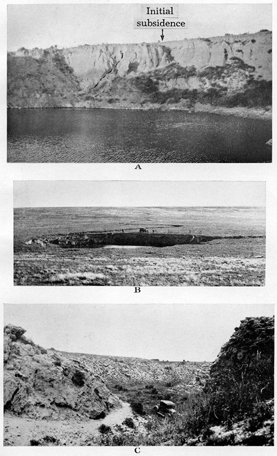 Three black and white photos showing evidence of cave-ins and sinkholes.