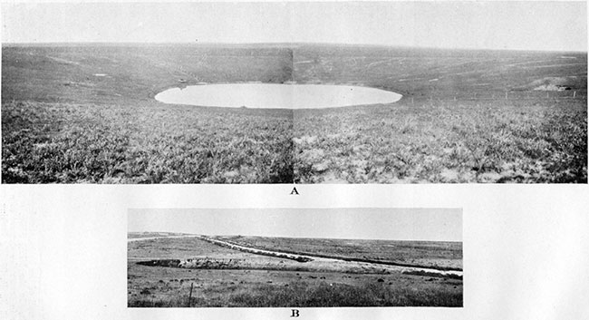 Two black and white photos; top is panorama of Old Maid's Pool, an old cave-in; bottom is a recent subsidence.