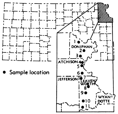 Samples in northeast Kansas in line through Doniphan to Atchison to Leavenworth counties.