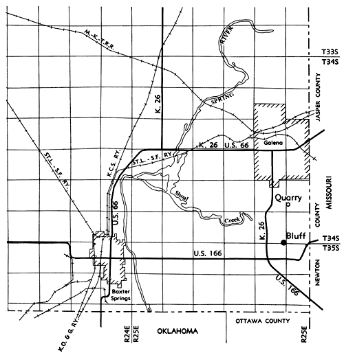 Map of far southeast Kansas; quarry in far SE corner of Cherokee Co. near Missouri border.