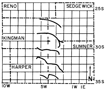 Traverses went east-west in Harper, Kingman, Sedgwick, and Sumner counties.