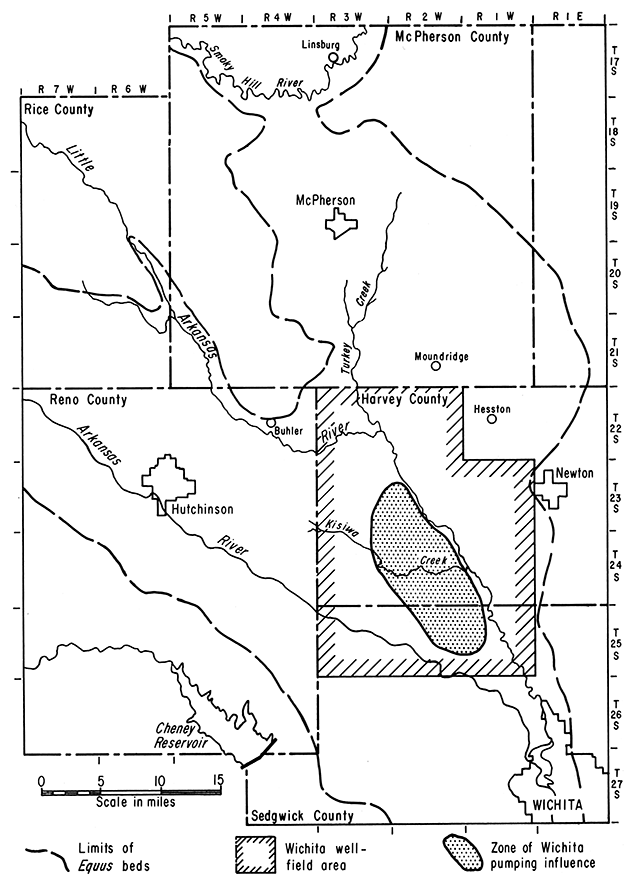 Map of Equus beds in McPherson, Reno, Harvey, Sedgwick, and Rice counties; Wichita well-field area in Harvey and Sedgwick counties.