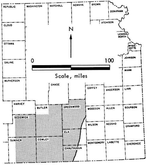 Sandstone crops out in Greenwood, Elk, and Chautauqua; other counties studied include Sedgwick, Sumner, Cowley, and Butler.