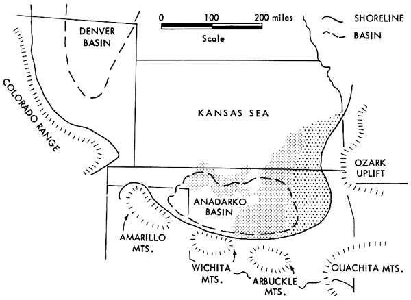 Kansas Sea received sediment from Amarillo, Wichita, Arbuckle, and Ouachita mountains to south; distribution of Elgin in SE of sea.
