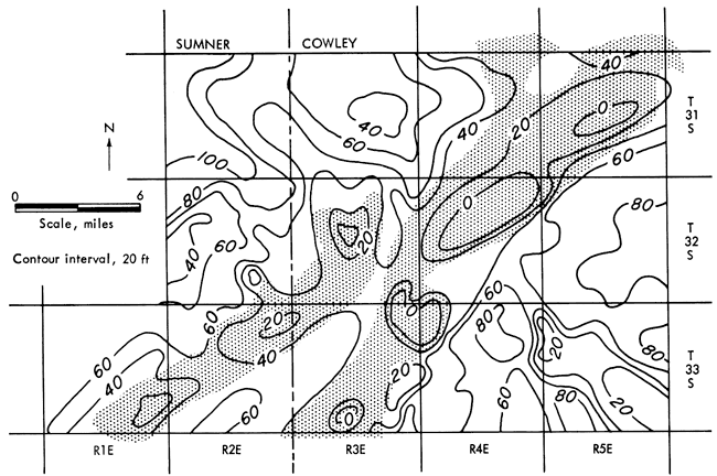 Shale thinner over limestone buildups (0 to 20 feet); thickest is 80-100 feet in NE Sumner, 60-80 feet in southern Cowley.