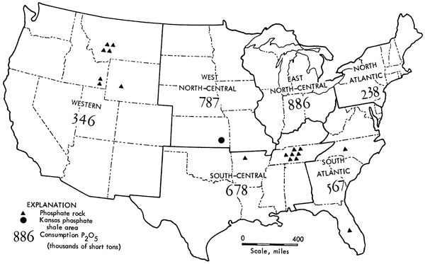 Phosphate rock and consumption if various regions in the U.S.
