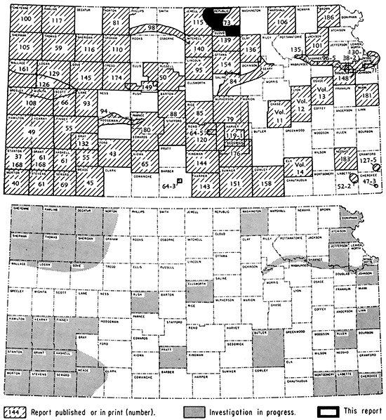 Two maps of the state; top map shows publication number of completed studies; this study is in far north-central part of state; lower map shows regions currently under study.
