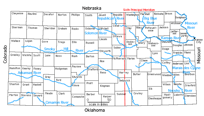 Map showing counties and major rivers in Kansas.