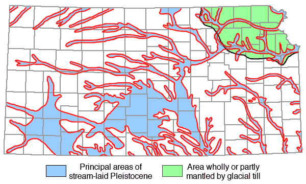 Map of Kansas showing principal areas of stream-laid Pleistocene deposits in blue and area wholly or partly mantled by glacial till in green (in northeastern corner of state)