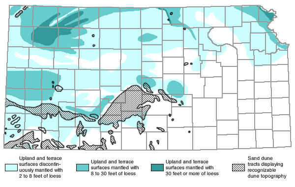 Map of Kansas showing upland and terrace surfaces discontinueously mantled with 2 to 8 feet of loess (dark turquoise),  8 to 30 feet of loess (medium turquoise), 30 feet or more of loess (light turquoise), and sand dune tracts displaying recognizable dune topography (diagonal striping)